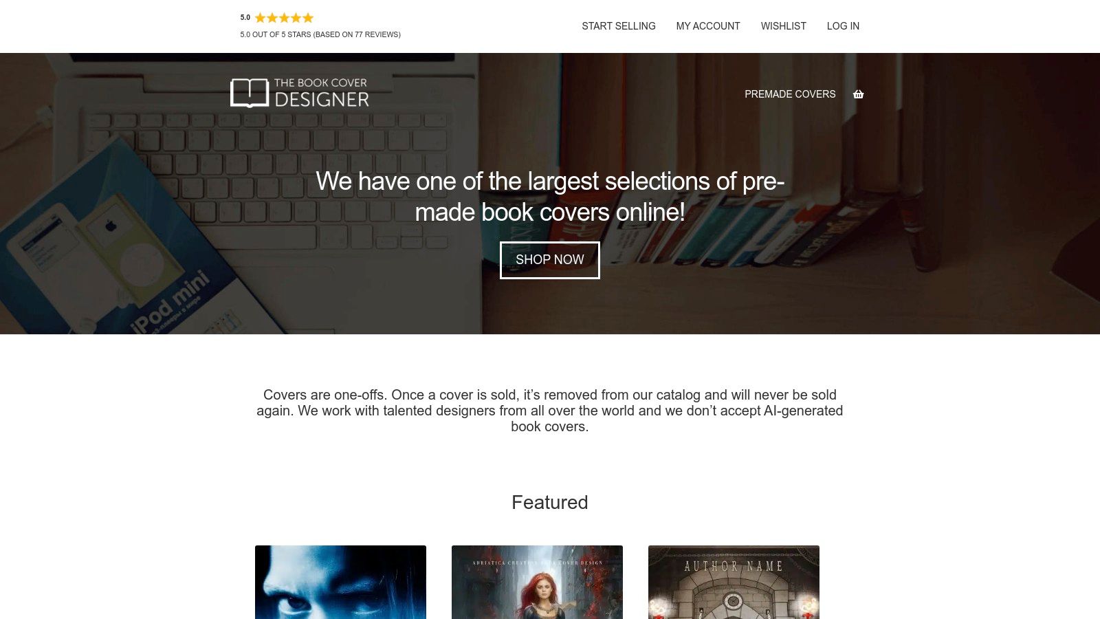 The Book Cover Designer website interface showing a gallery of premade book covers for sale across various genres.