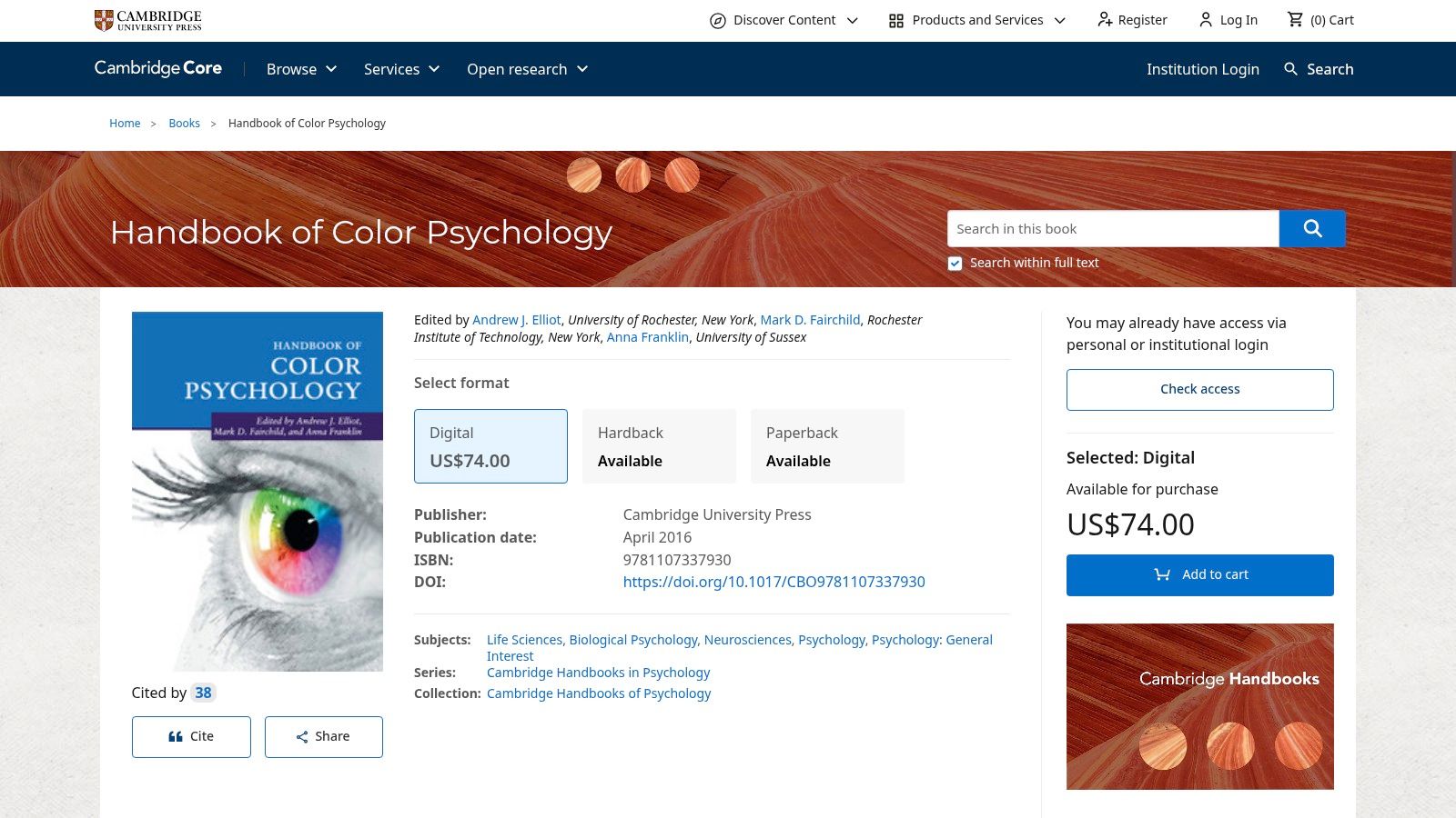 A screenshot of the Cambridge University Press website, showing the product page for the Handbook of Color Psychology, a key resource among books on color psychology.