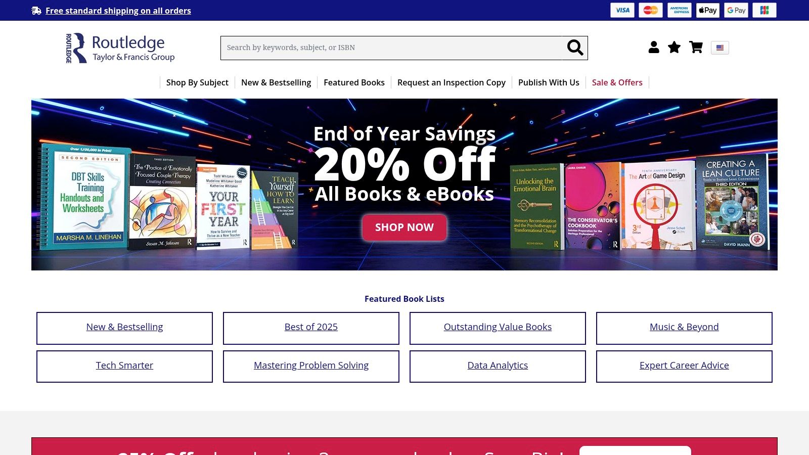 A screenshot of the Routledge website homepage, showing academic book categories and a search bar, useful for finding scholarly books on color psychology.