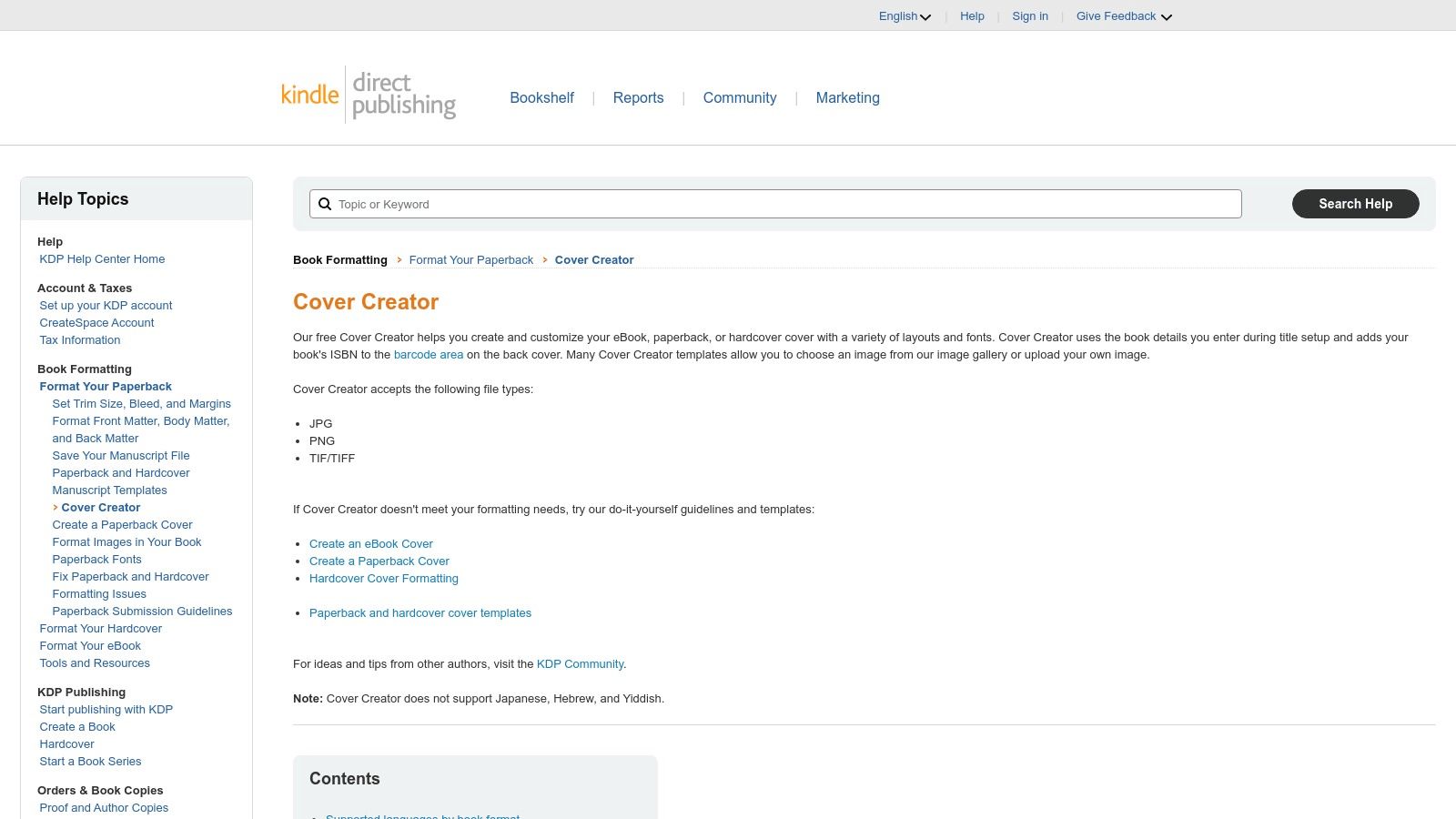 The Amazon KDP Cover Creator interface showing a book cover layout with options for text, images, and background.
