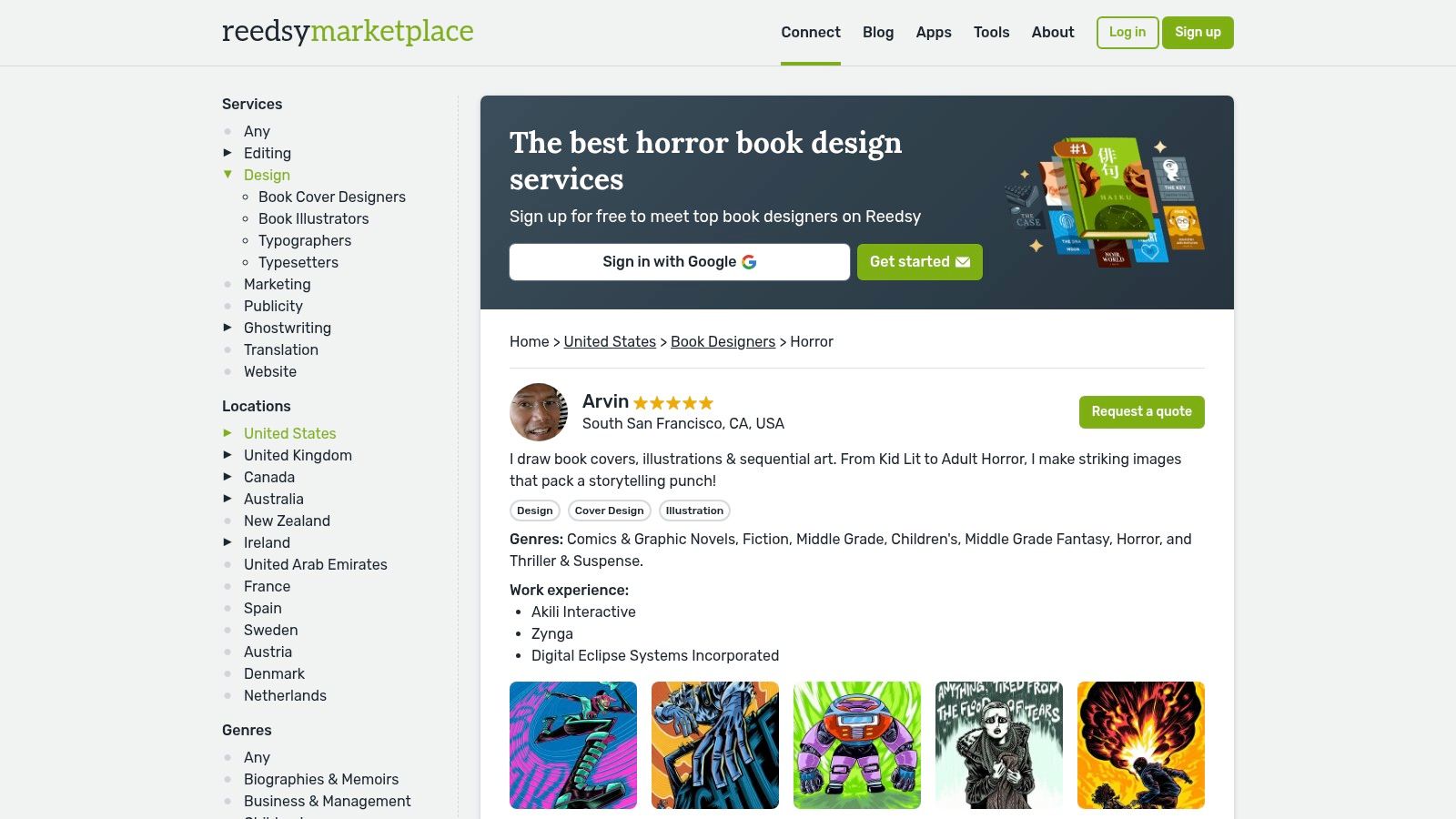 A screenshot of a Reedsy designer profile page, showing their portfolio of horror books covers.