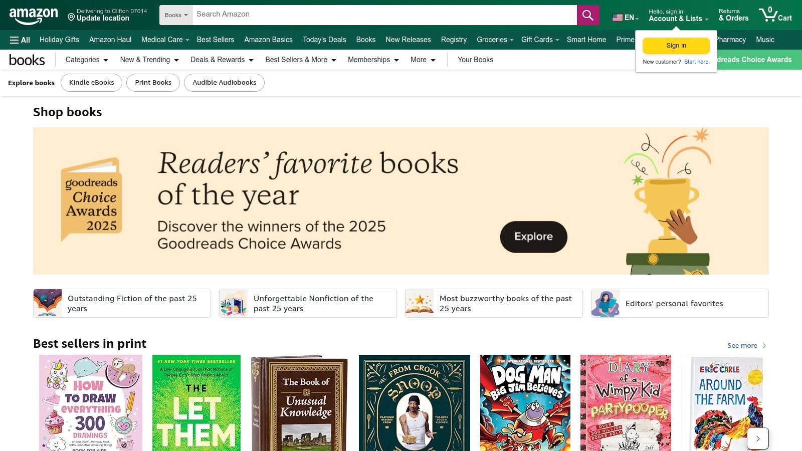 A screenshot of the Amazon bookstore homepage, showing a search bar and various book categories, relevant for finding books on color psychology.