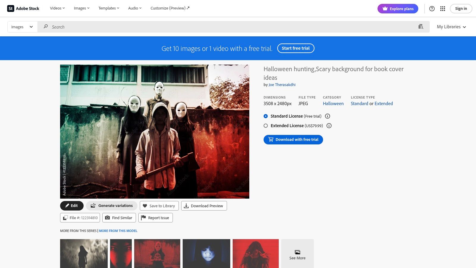 A screenshot of the Adobe Stock website showing a search result for "horror masks" with several high-quality, eerie images.