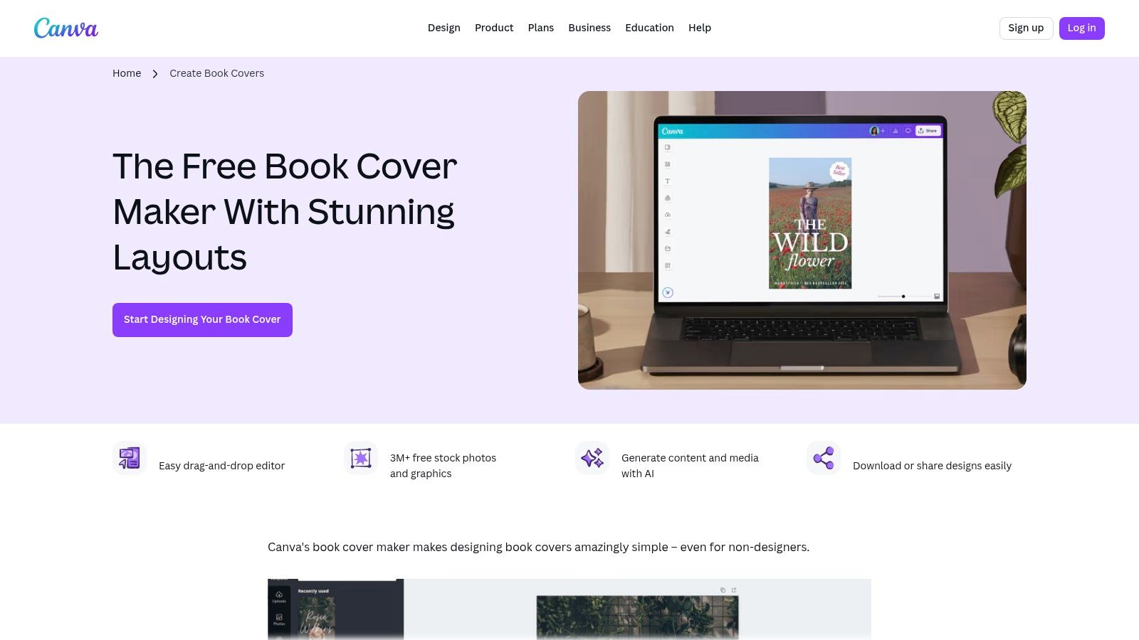Canva's book cover maker interface showing a variety of customizable templates for different genres like romance, thriller, and fantasy.