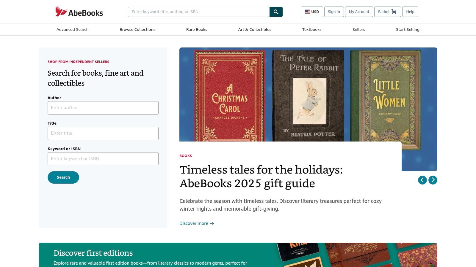 A screenshot of the AbeBooks website homepage, featuring a prominent search bar for finding used, rare, and out-of-print books on color psychology.