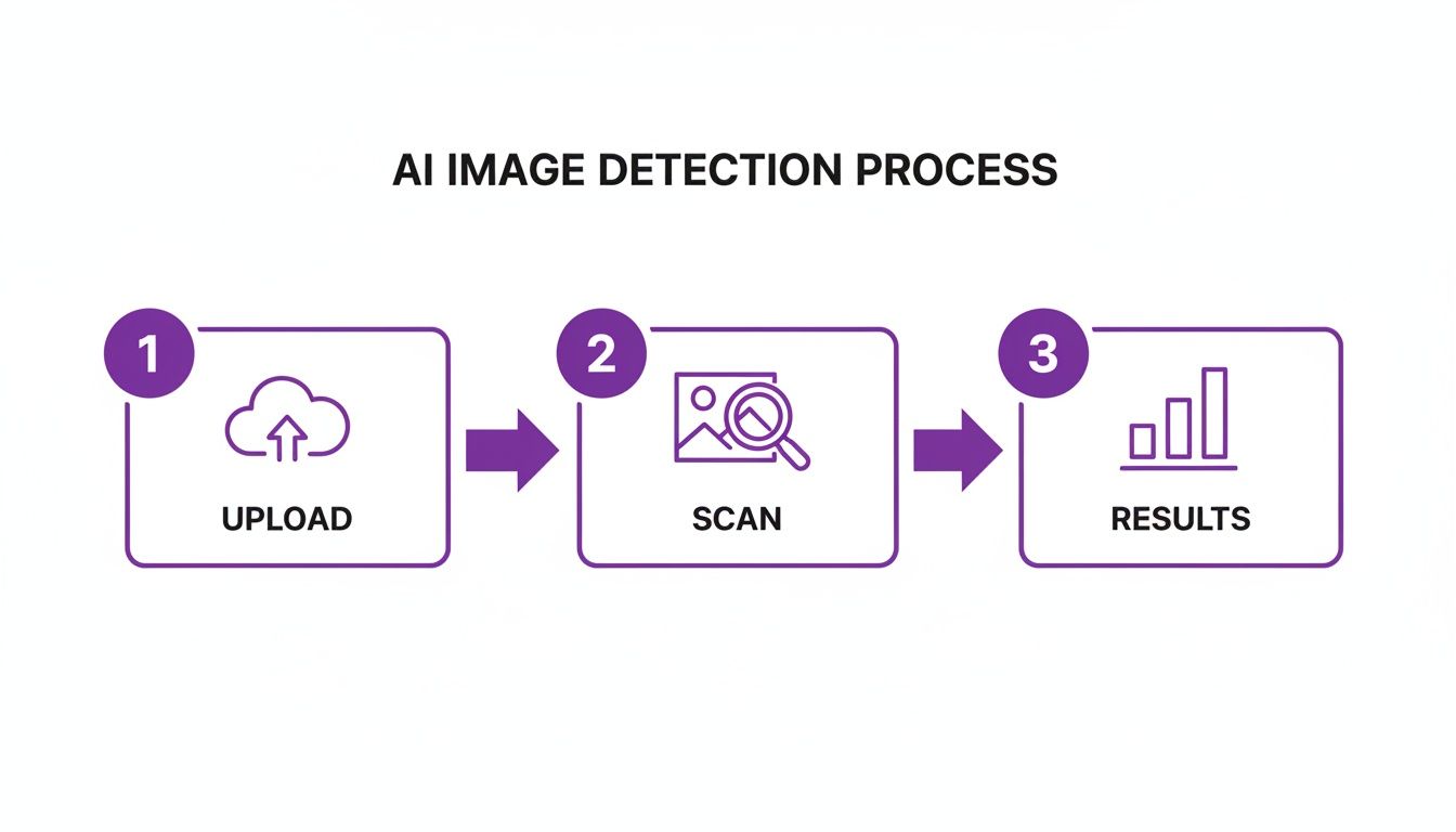 A three-step diagram outlining the AI image detection process: upload, scan, and results.