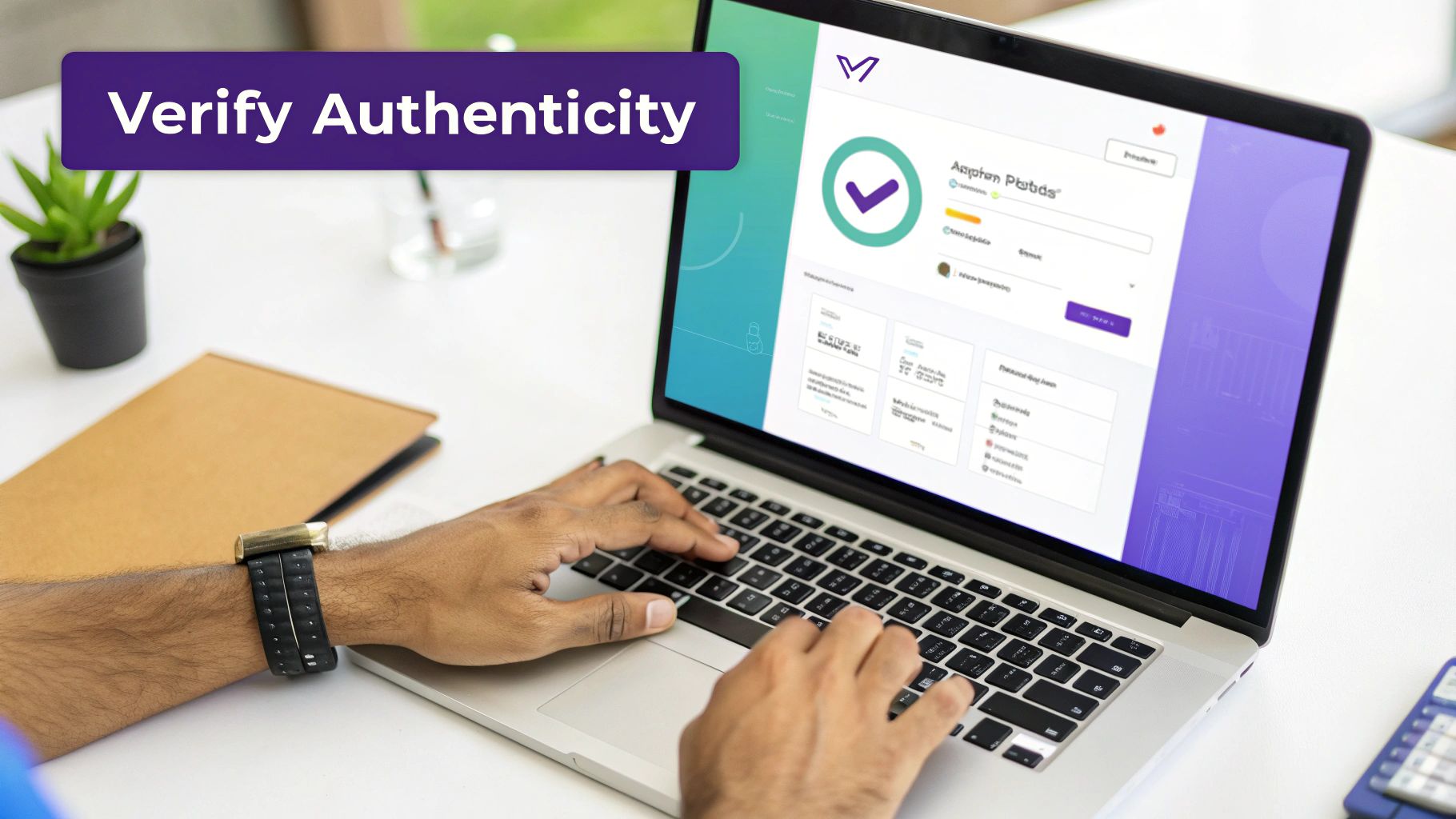 Hands typing on a laptop displaying a digital interface for authenticity verification with a checkmark.