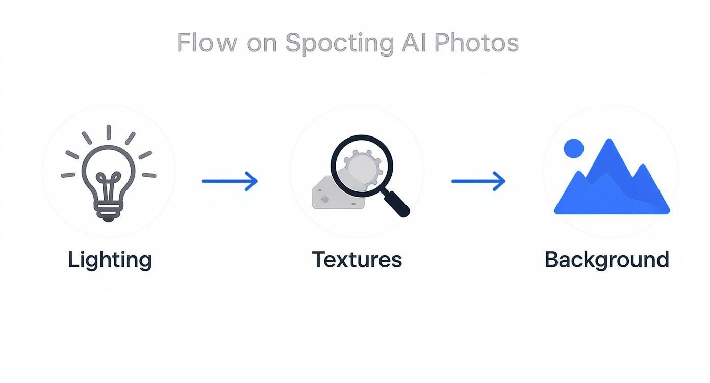 Flowchart illustrating the process of spotting AI-generated photos by examining lighting, textures, and background elements.