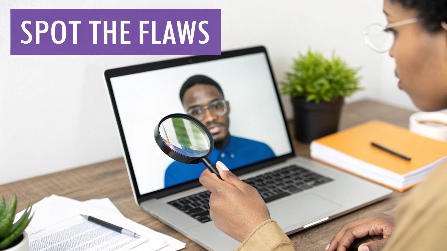 A person closely examining a photograph with a magnifying glass to detect AI flaws.