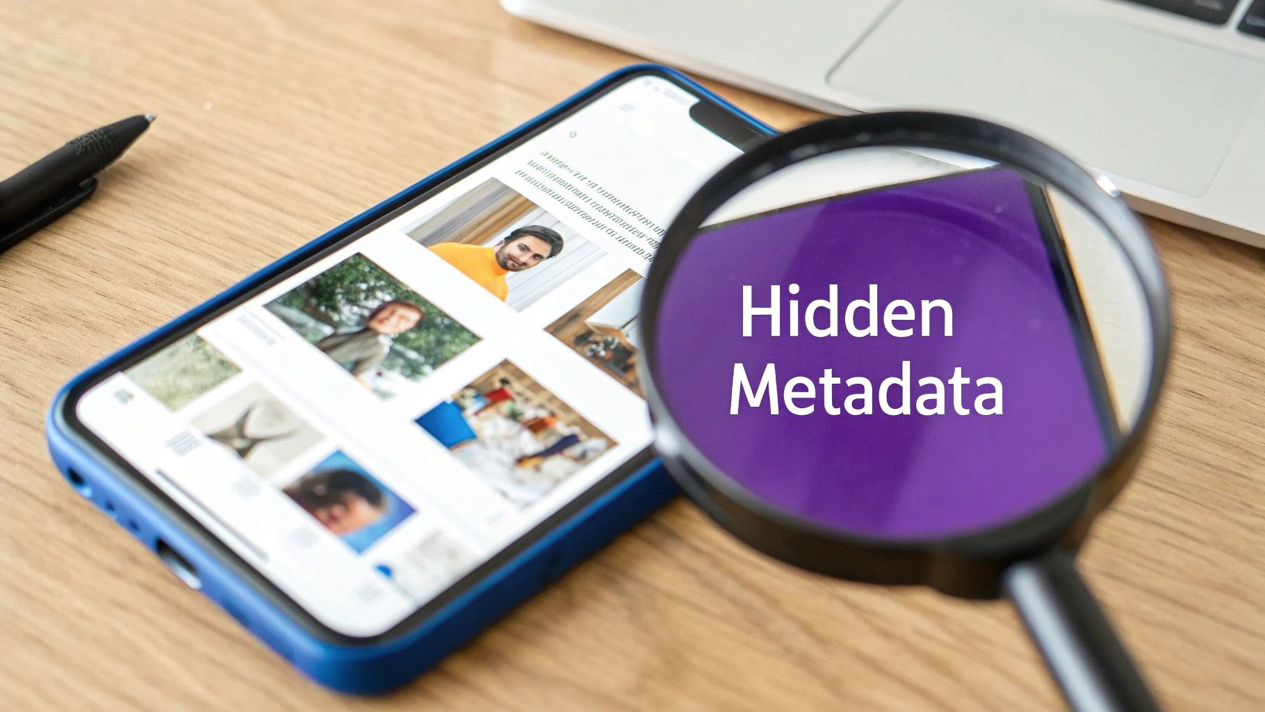 A smartphone displaying photos with a magnifying glass highlighting the text 'Hidden Metadata'.