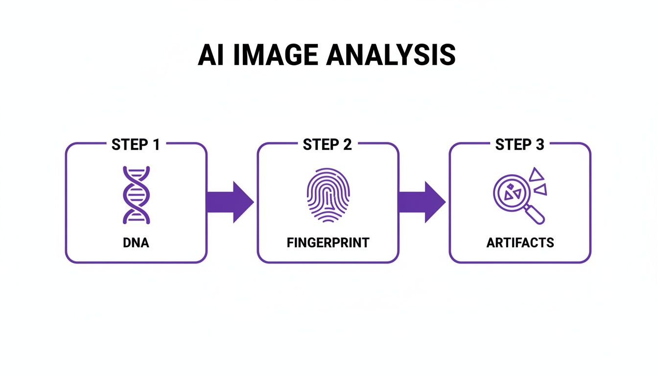 A flowchart illustrating AI image analysis steps, including DNA, fingerprint, and artifacts identification.