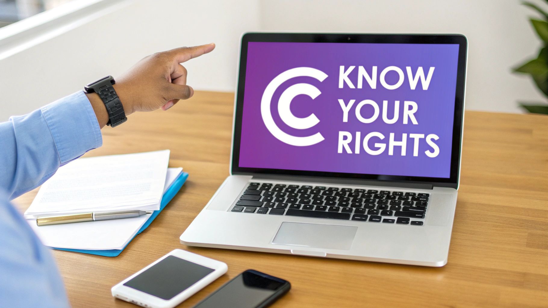 A hand points to a laptop screen displaying a 'C' logo and 'KNOW YOUR RIGHTS', signifying copyright awareness.