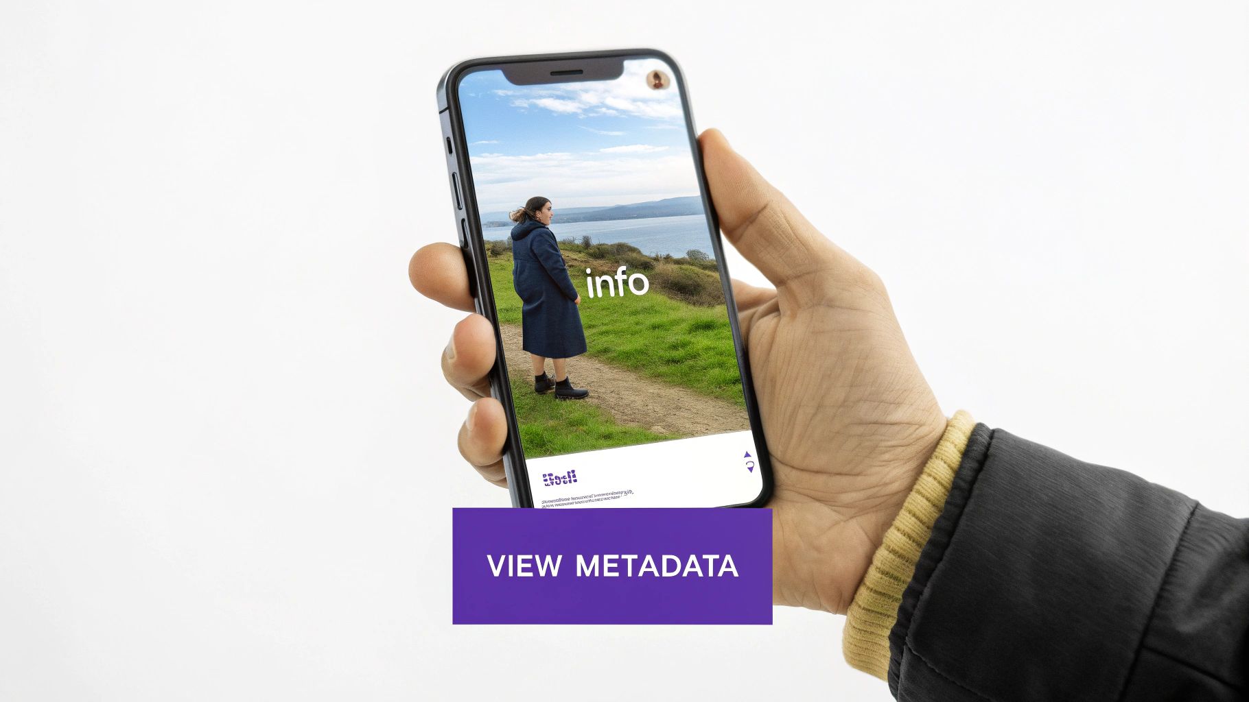 A hand holds a smartphone displaying a woman on a path by the sea, with a 'VIEW METADATA' button.