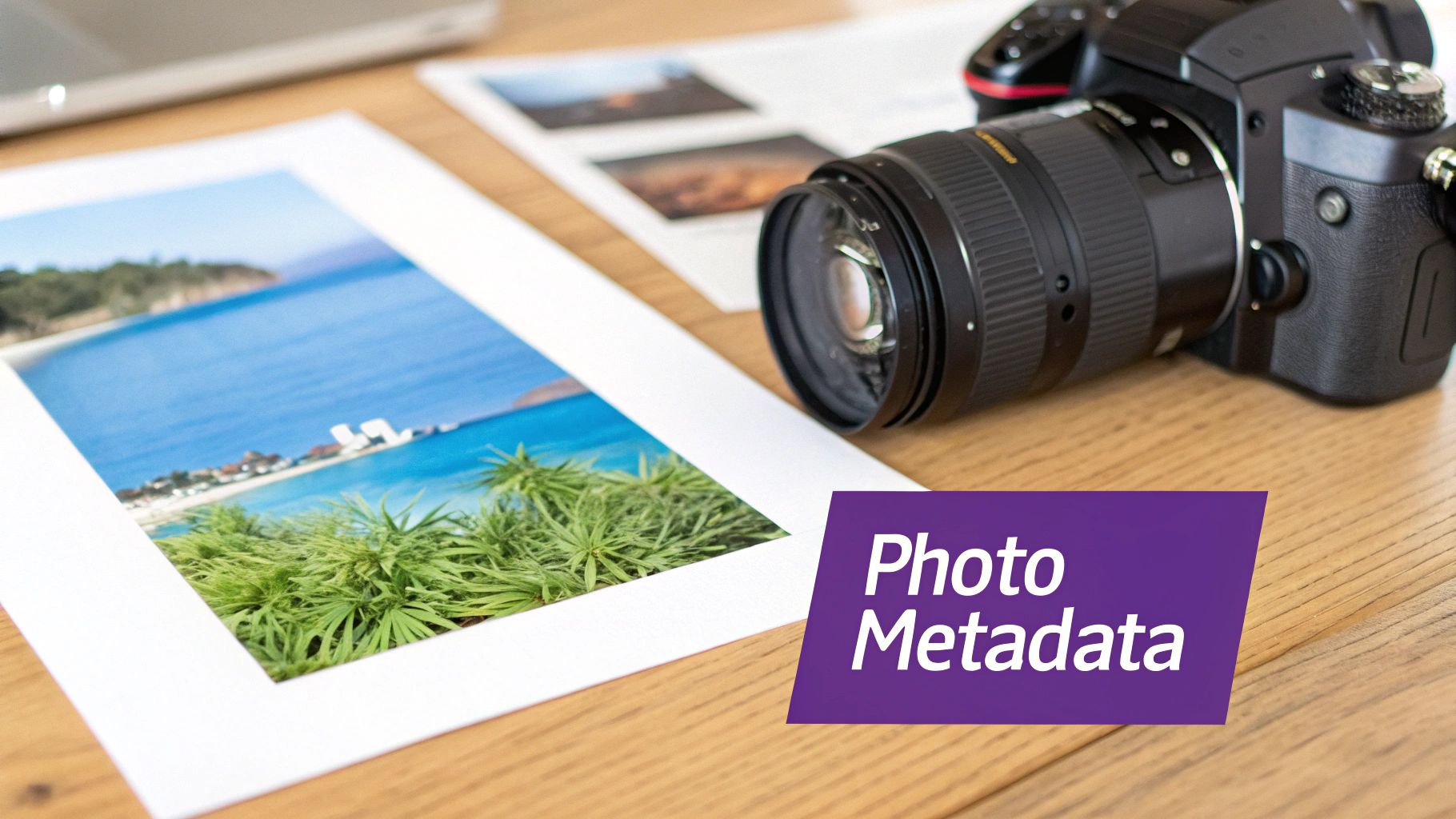 A camera, printed beach photo with green plants, and other prints on a wooden desk, with "Photo Metadata" overlay.