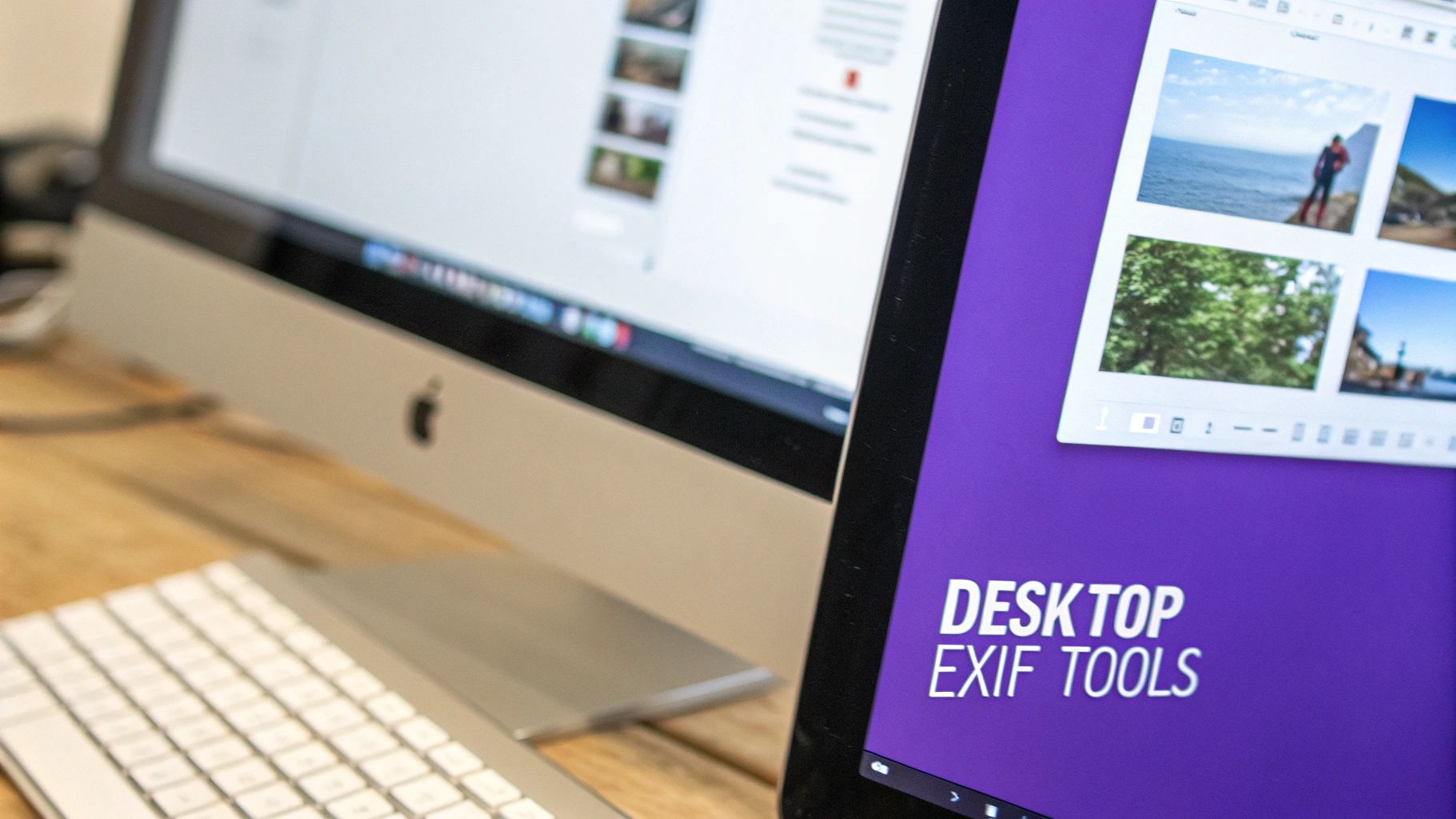 Two computer screens on a wooden desk, one displaying 'DESKTOP EXIF TOOLS' with image thumbnails.