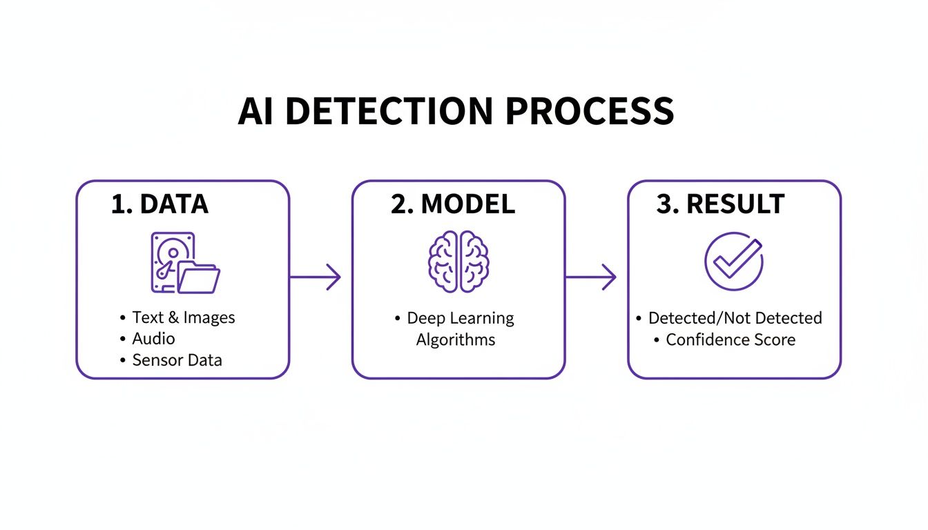 Flowchart illustrating the AI detection process, showing data input, a deep learning model, and detection results.