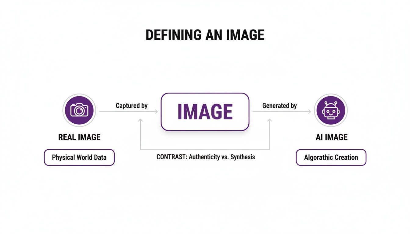 Diagram illustrating an image as either a real image captured from physical world data or an AI image generated by algorithmic creation, highlighting the contrast between authenticity and synthesis.