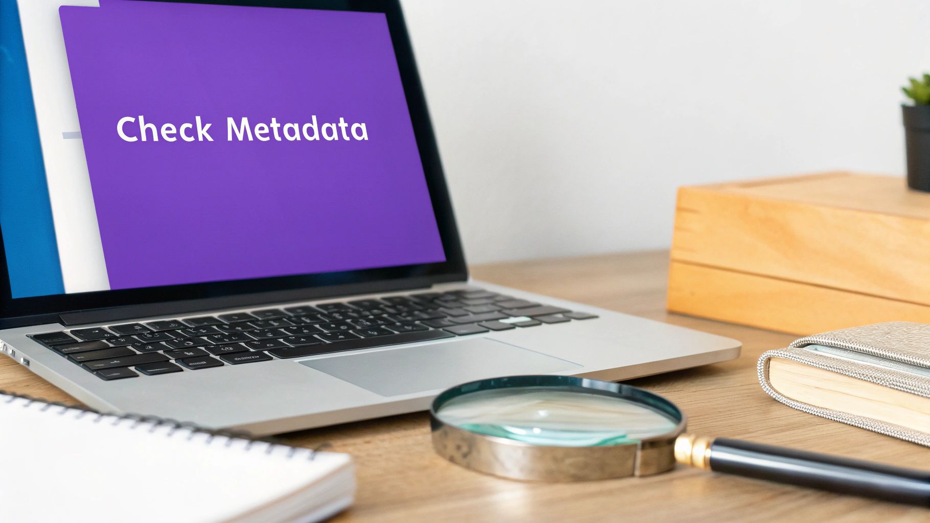 A person using a magnifying glass to inspect the metadata of a digital file on a computer screen.