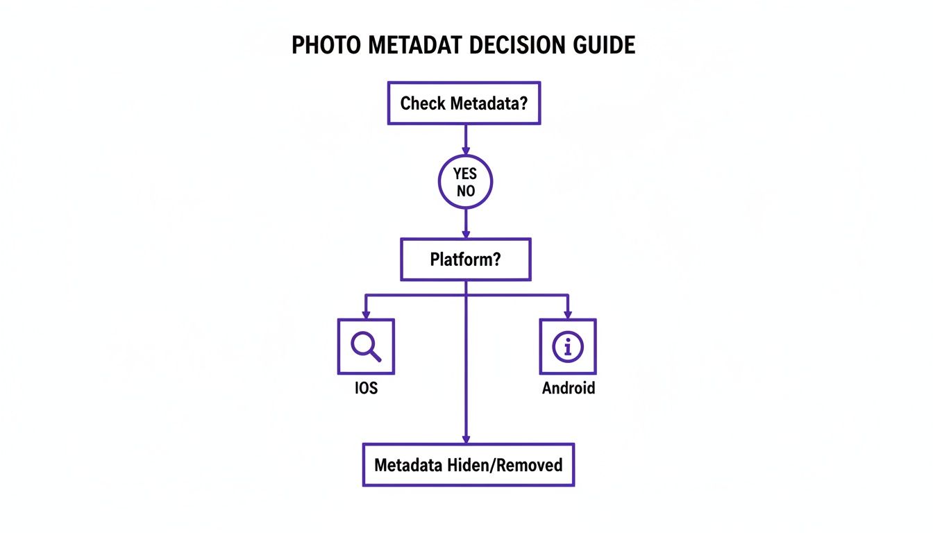 A flowchart titled 'Photo Metadata Decision Guide' outlines steps to check and manage photo metadata.