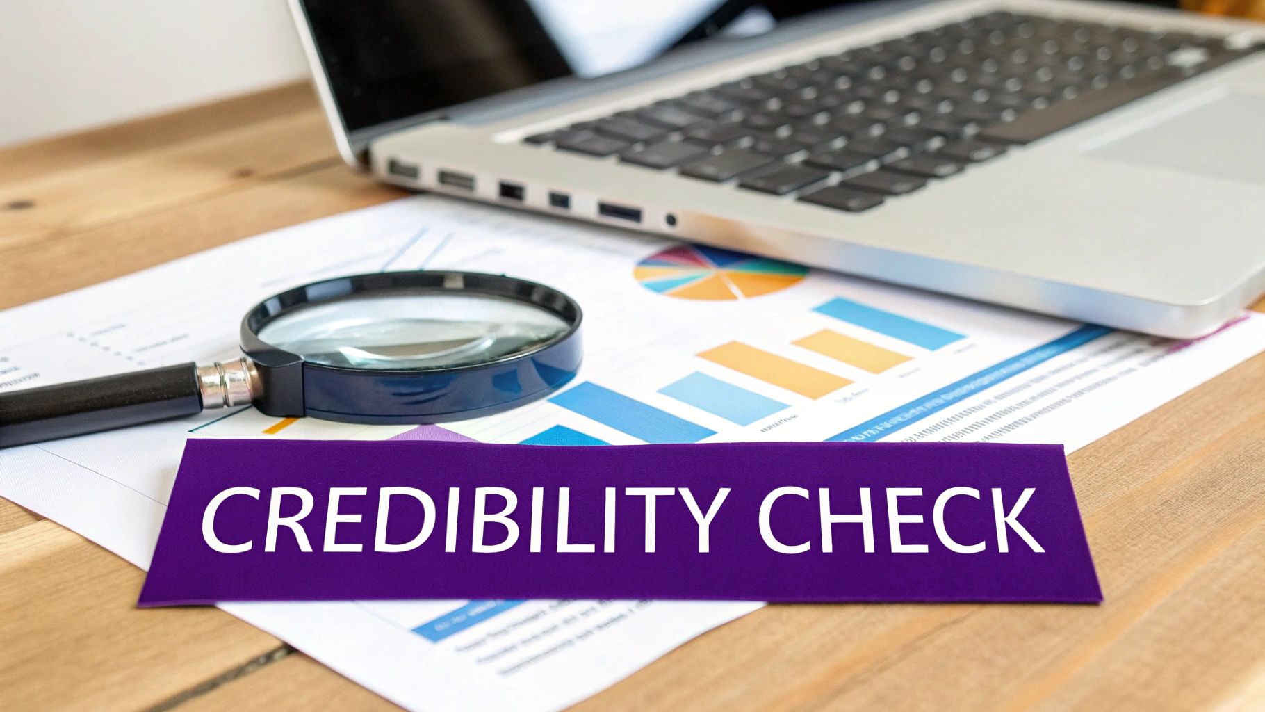 A magnifying glass and documents with charts next to a laptop, with a purple card saying 'CREDIBILITY CHECK'.