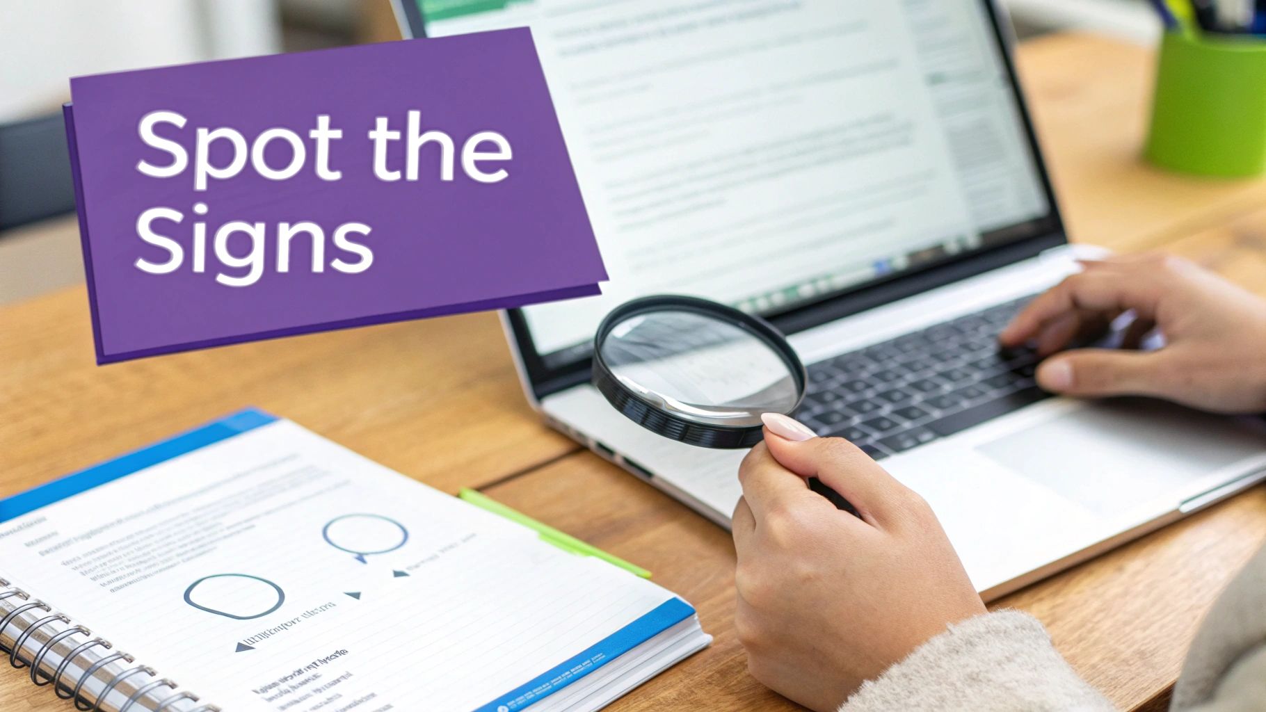 A person uses a magnifying glass to examine documents on a desk with a laptop and a "Spot the Signs" banner.