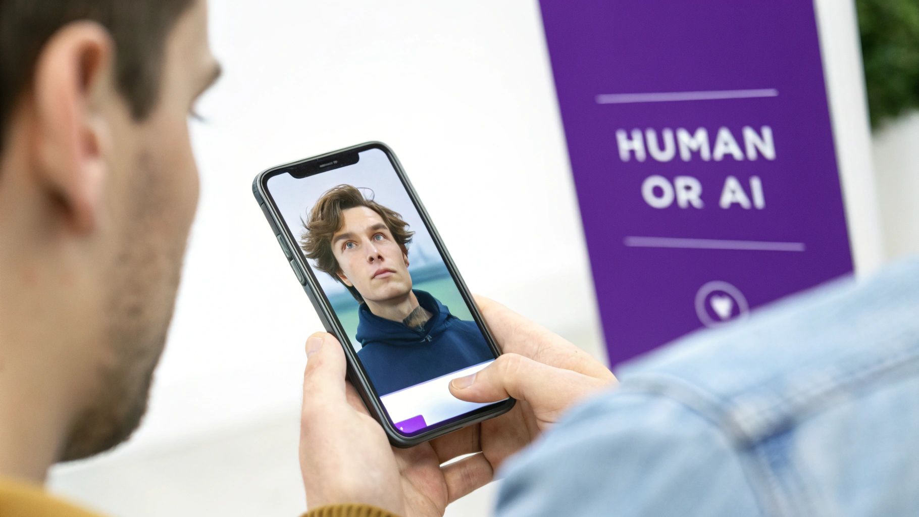 A person holds a smartphone displaying a young man's portrait, next to a 'HUMAN OR AI' sign.