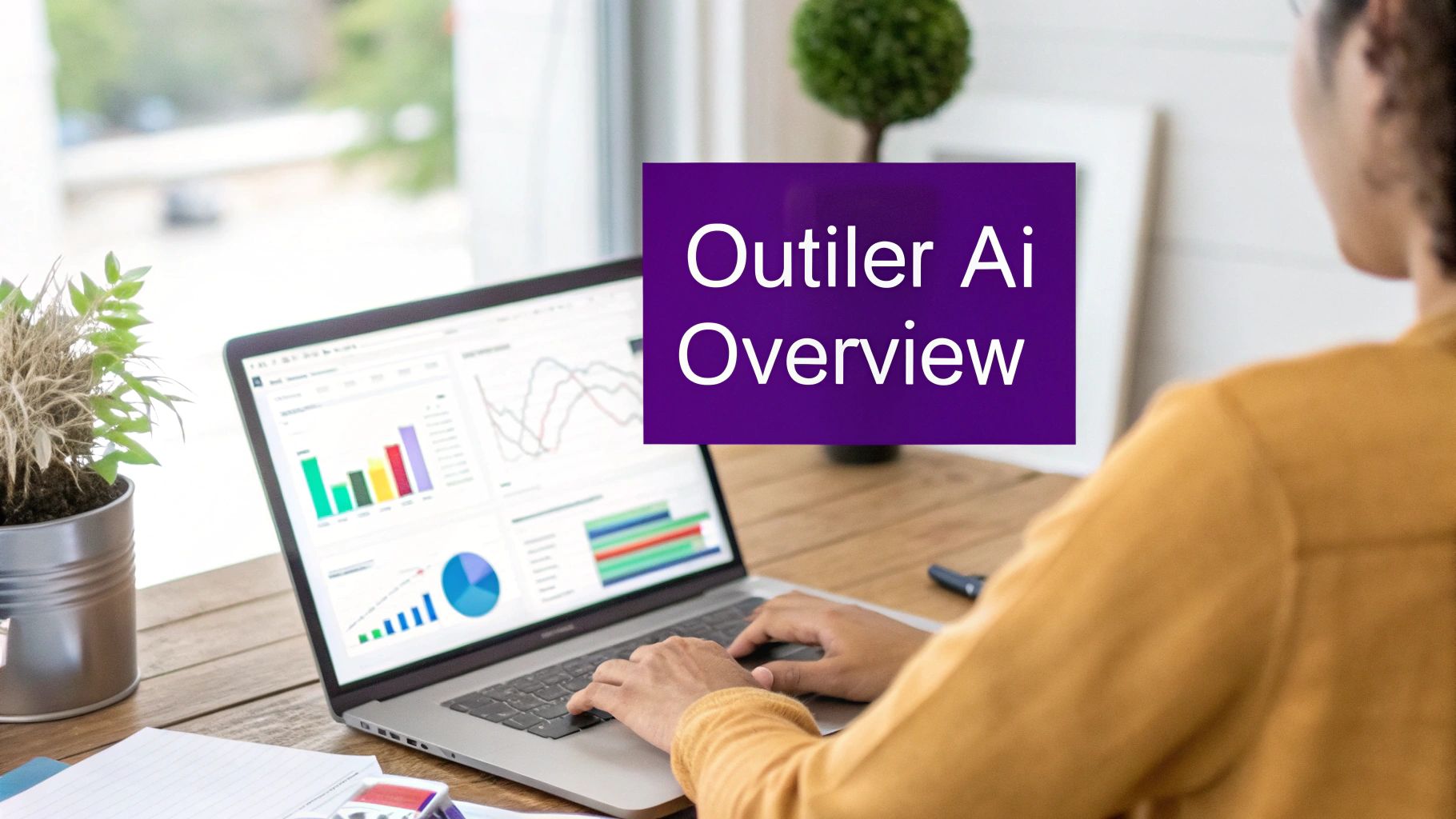 A person works on a laptop displaying data visualizations and charts, with 'Outlier Ai Overview' text.