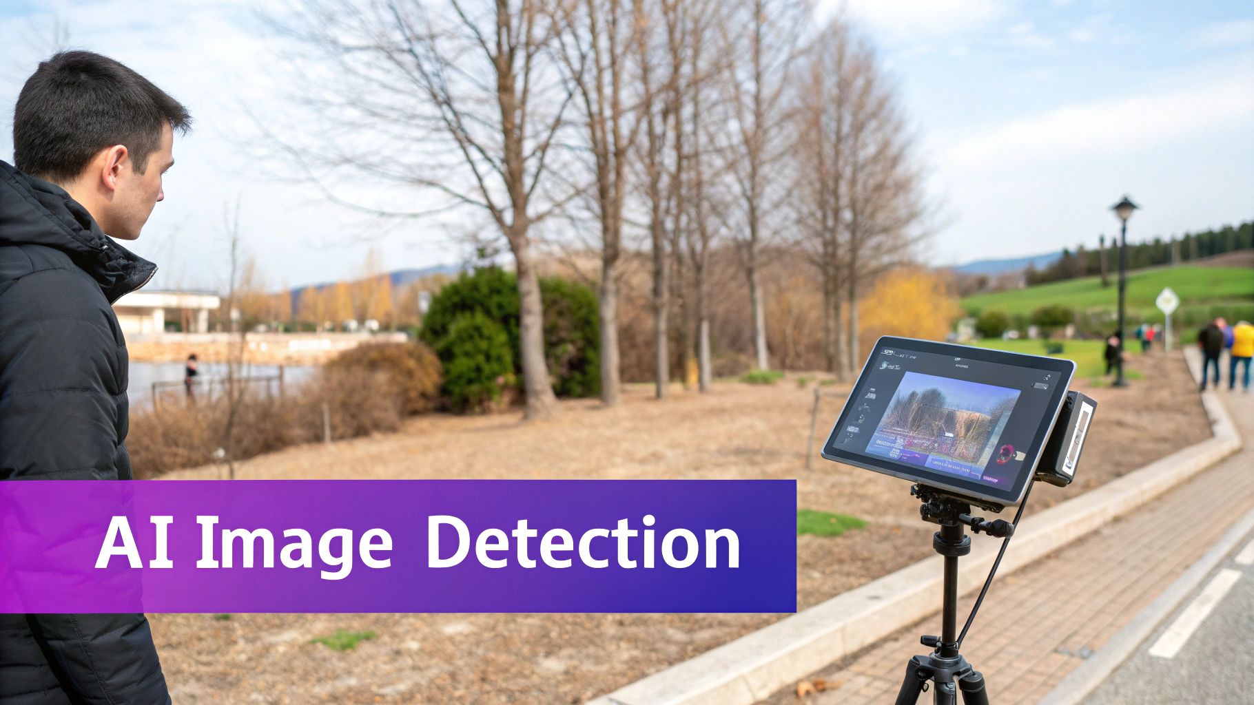 A man observes a tablet on a tripod displaying AI image detection in an outdoor park setting.