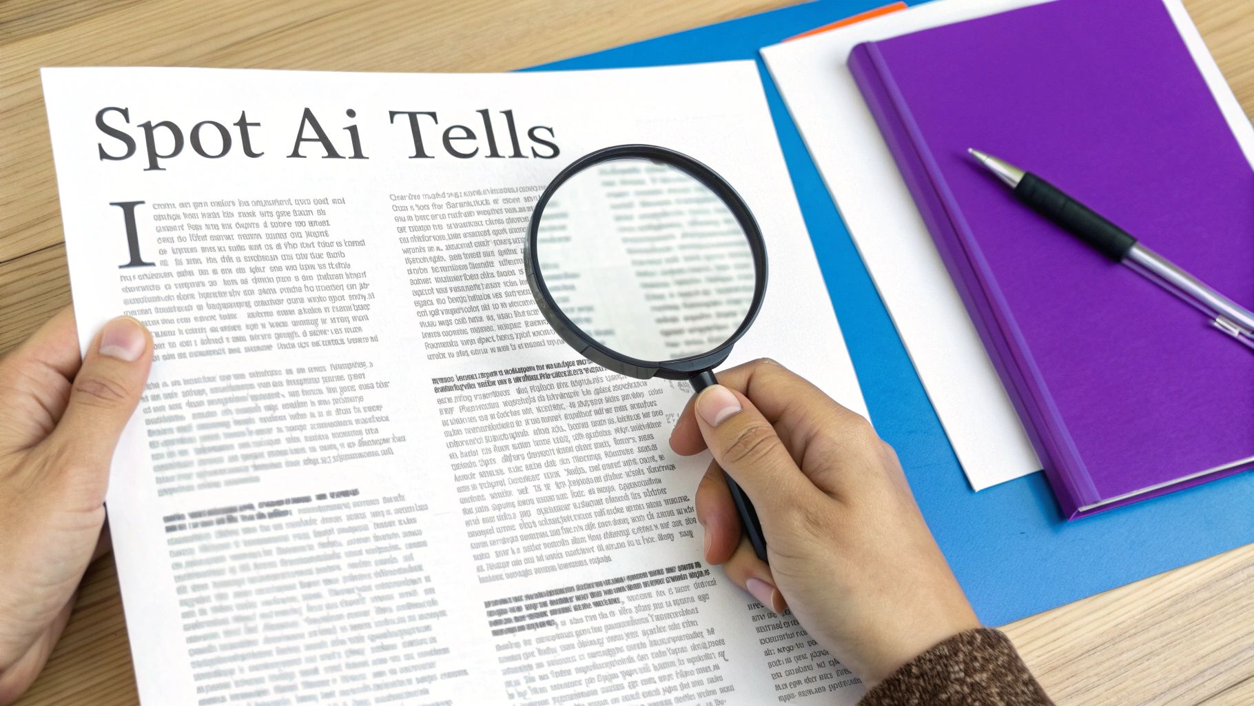 Hands holding a newspaper titled 'Spot Ai Tells' with a magnifying glass over the text, next to a purple notebook and pen.