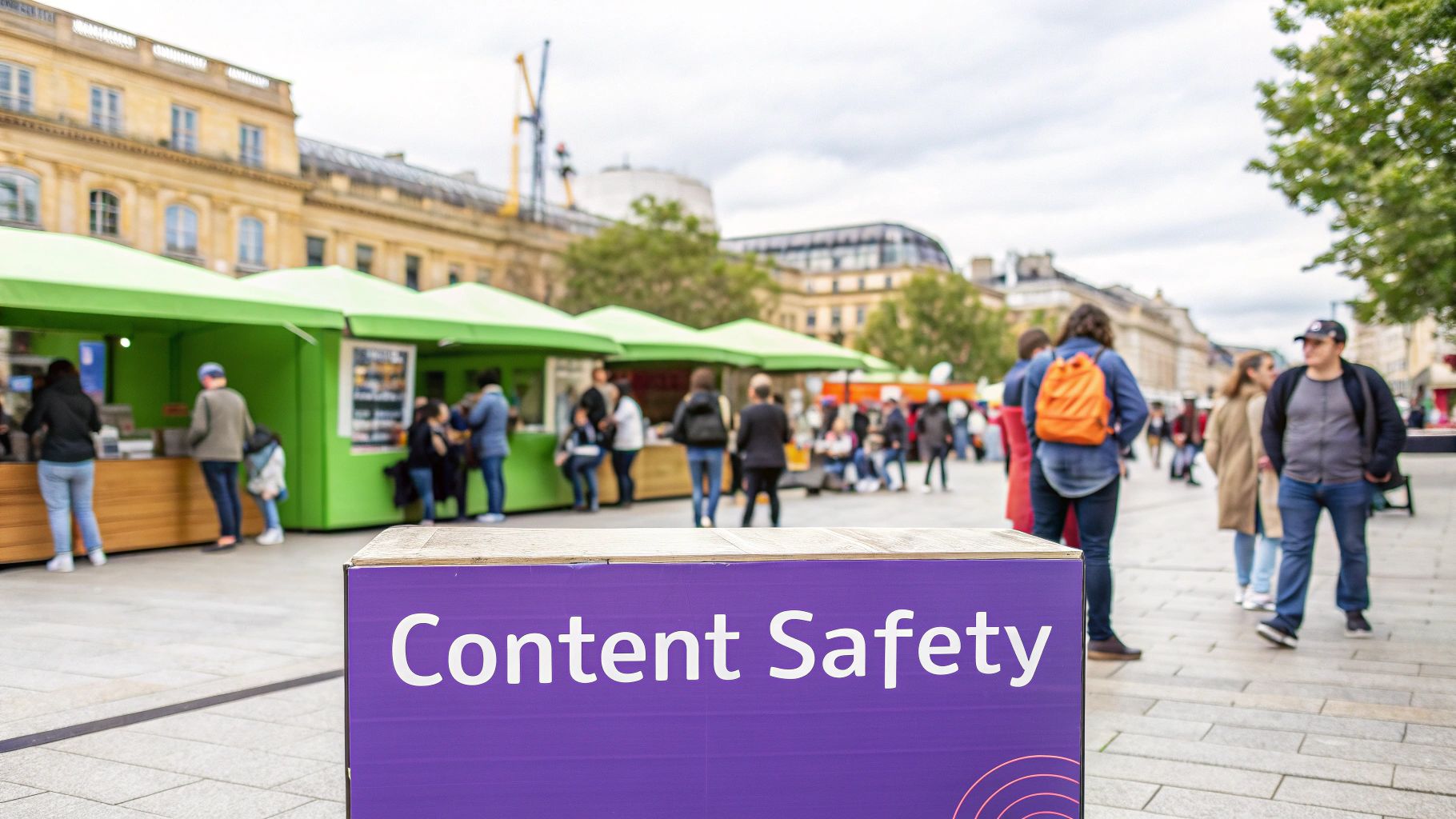 A digital illustration of a shield protecting a group of diverse user icons from harmful symbols.