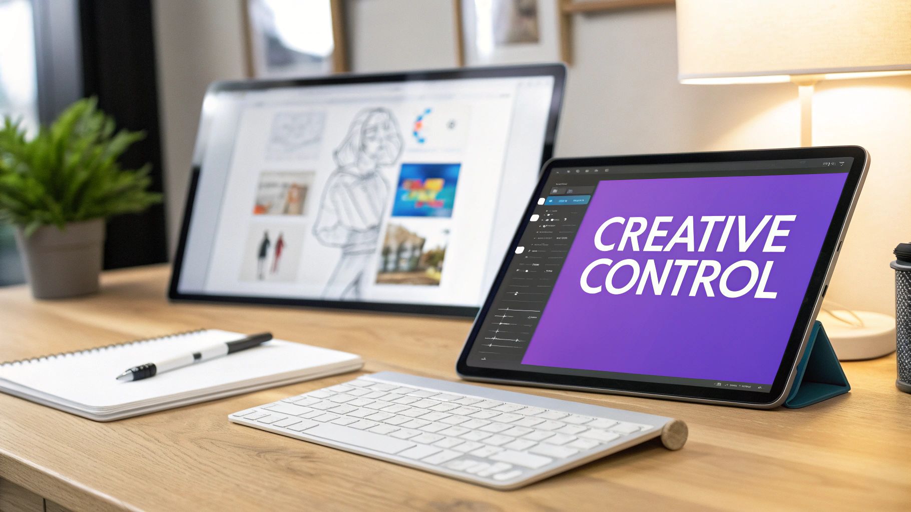 A modern wooden desk with two screens displaying design work, a keyboard, notebook, and plant.