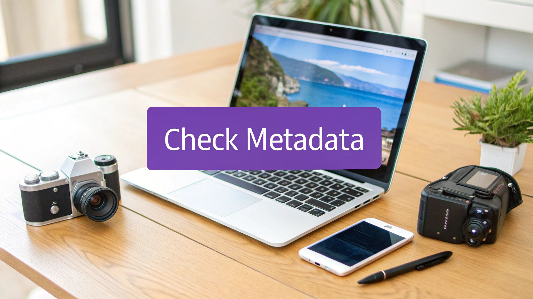 Flat lay of a laptop, cameras, smartphone, and plant on a wooden desk, with 'Check Metadata' text.