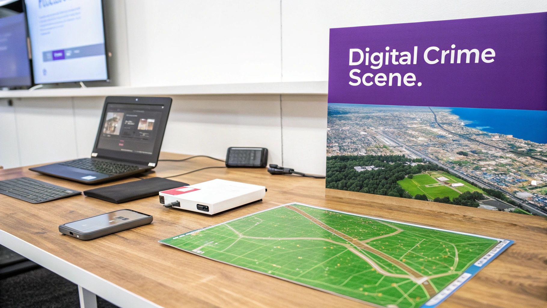 A forensic workstation with a laptop, smartphone, and tools for digital crime scene investigation on a wooden desk.