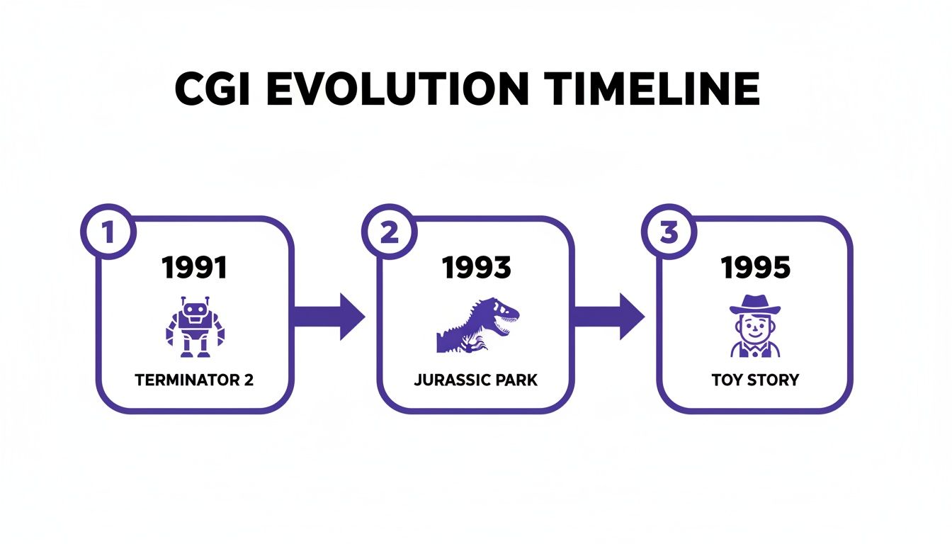CGI evolution timeline showing key movies: Terminator 2 (1991), Jurassic Park (1993), Toy Story (1995).