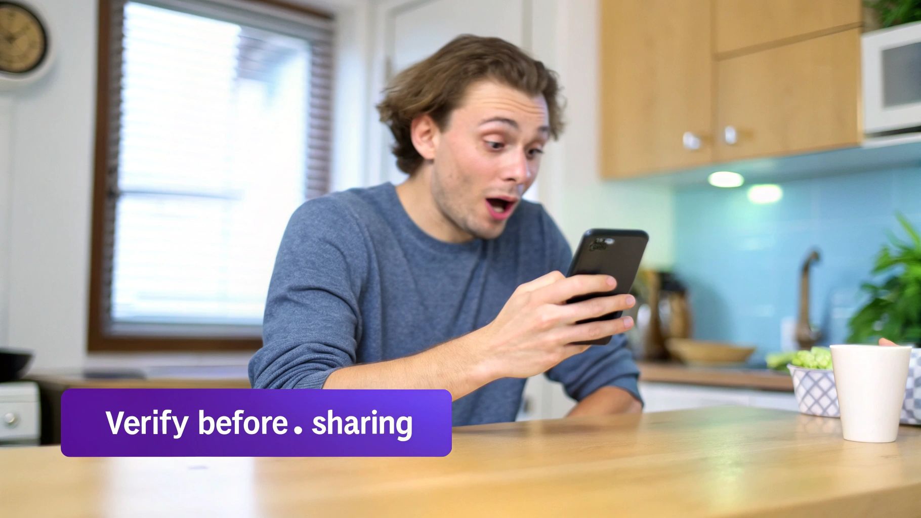 A man in a kitchen looking shocked at his smartphone, with text overlay 'Verify before . sharing'.