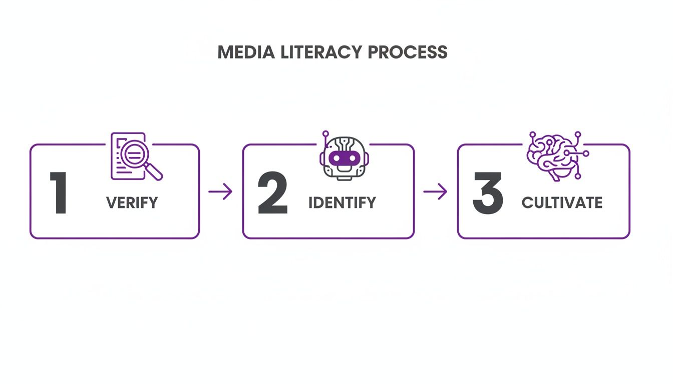 A three-step media literacy process flowchart: 1. Verify (document with magnifying glass), 2. Identify (robot head), 3. Cultivate (brain).