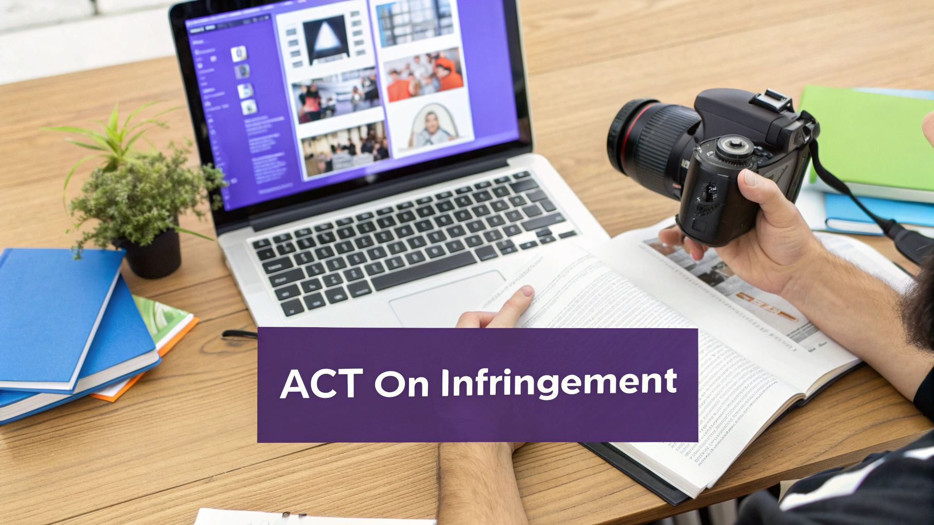 A person holds a camera while sitting at a desk with a laptop, open book, and notebooks.