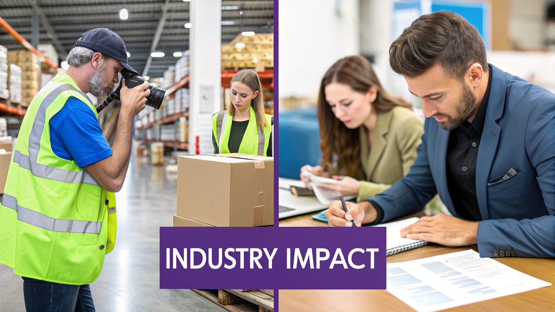 A collage of different industry settings like a busy newsroom, an e-commerce warehouse, and a modern bank, all interconnected to show the wide-ranging impact of image authenticity.