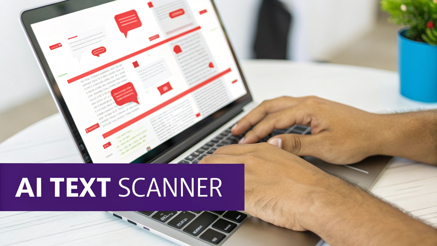 A person uses a laptop displaying an 'AI Text Scanner' interface to analyze text content.