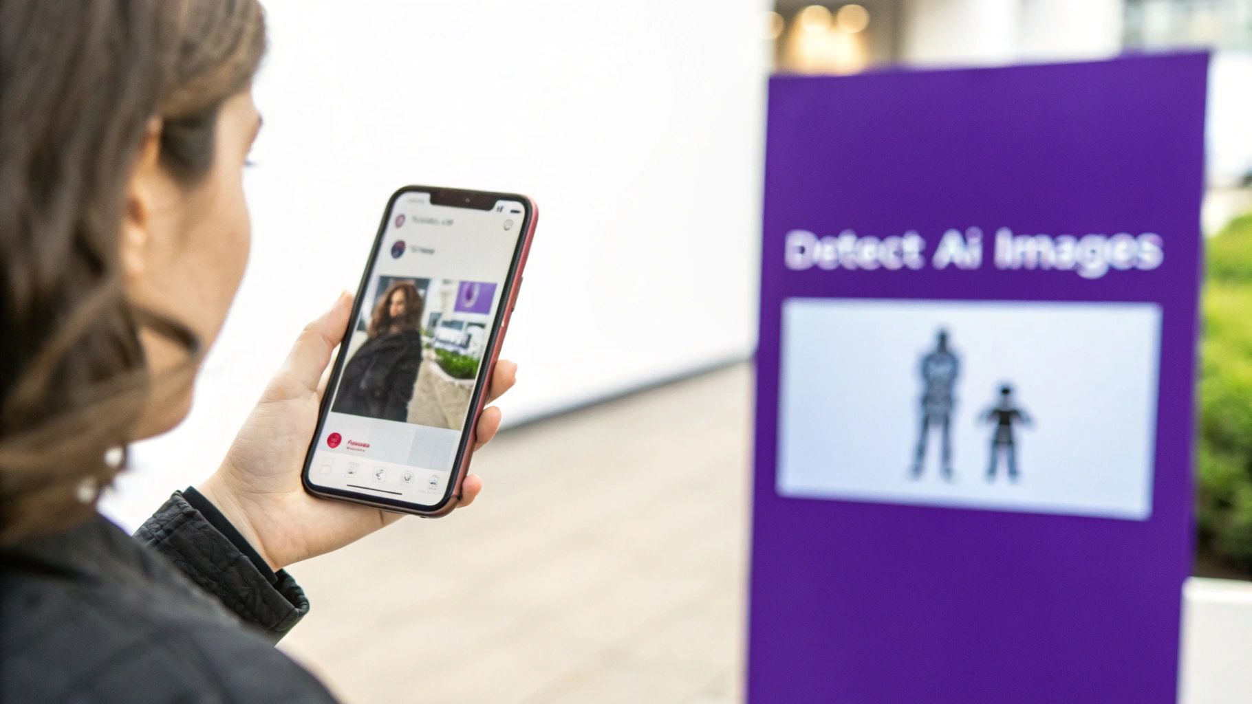 A person closely examining a digital image on a large screen, looking for clues to its authenticity.