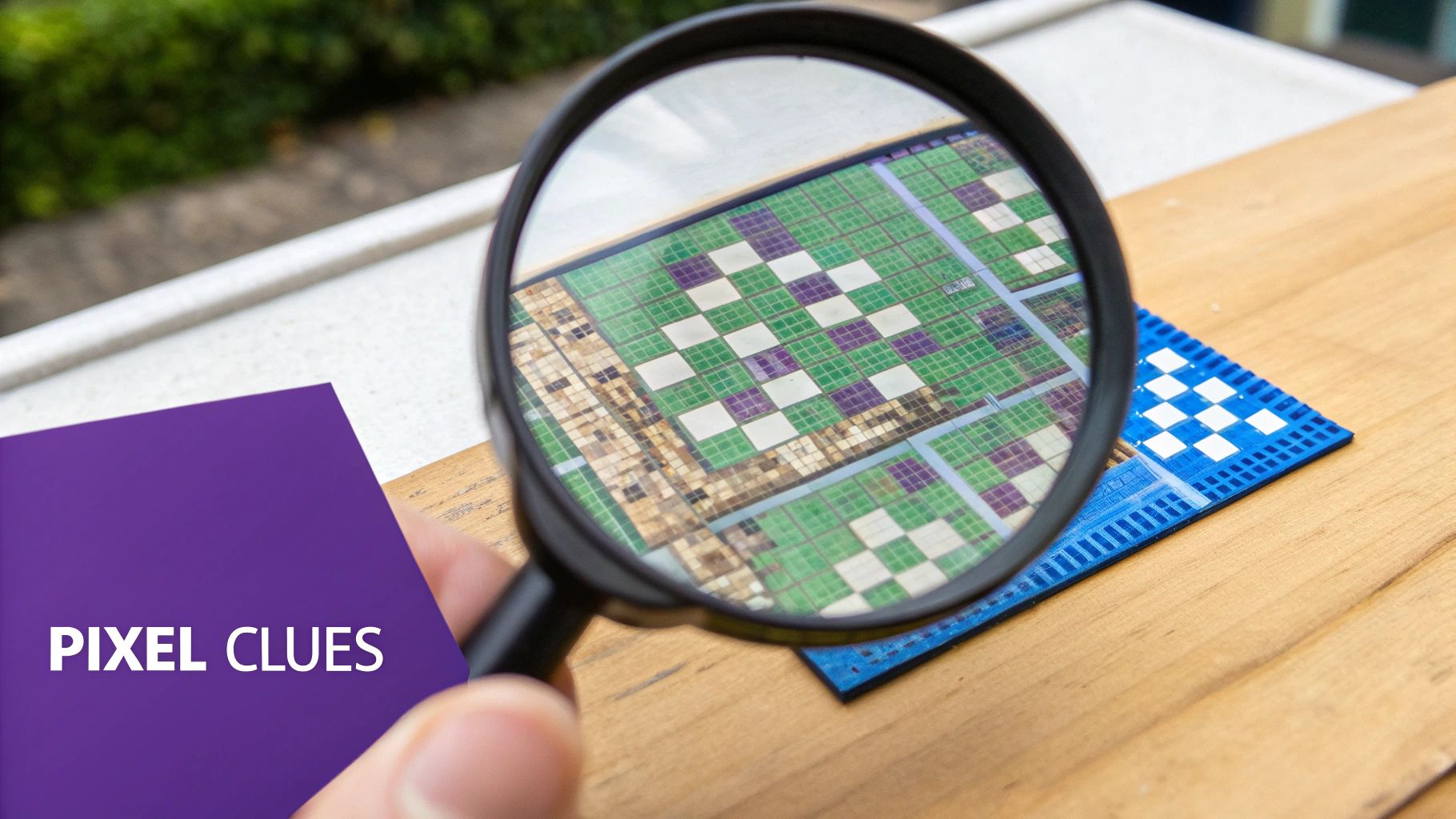 A person holds a magnifying glass over a microchip, revealing pixel patterns, with 'PIXEL CLUES' text.