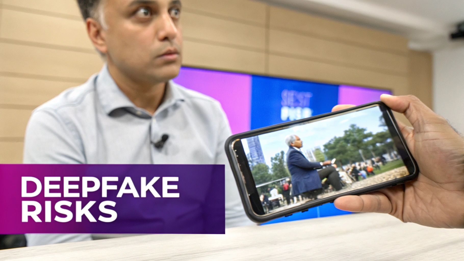 A man views a smartphone displaying a deepfake video, with a prominent 'DEEPFAKE RISKS' banner.