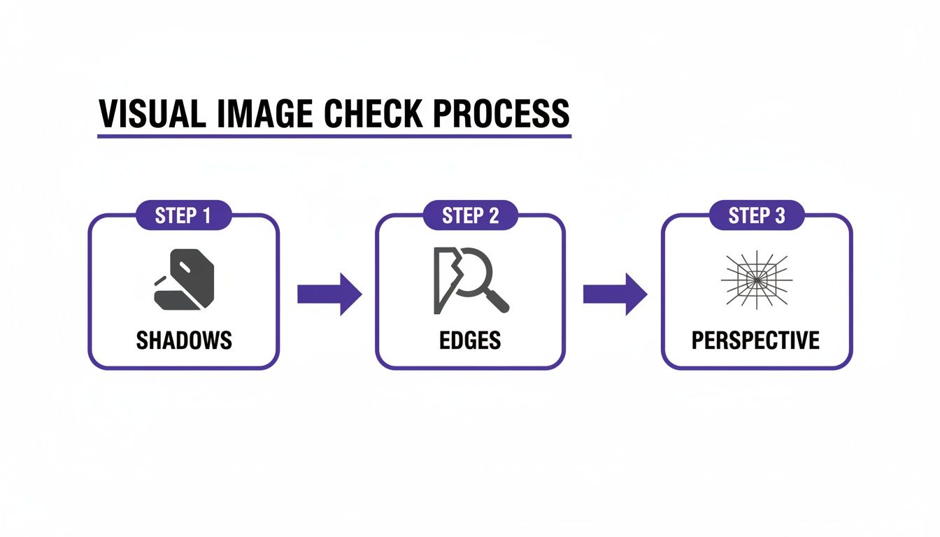 A three-step visual image check process diagram illustrating shadows, edges, and perspective analysis.