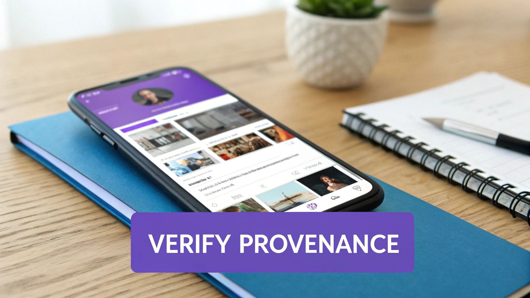 A smartphone on a blue notebook displays an app with images, with 'VERIFY PROVENANCE' text overlay.