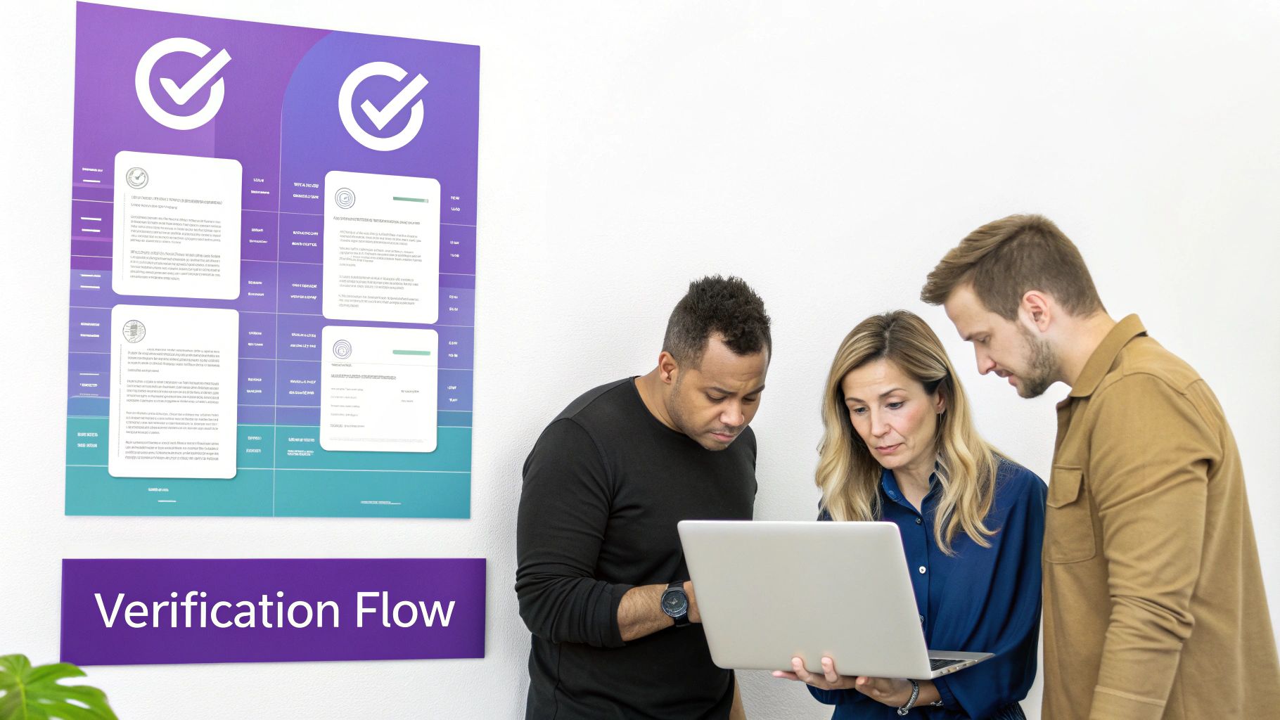 Three diverse professionals gathered, intently reviewing information displayed on a silver laptop screen.
