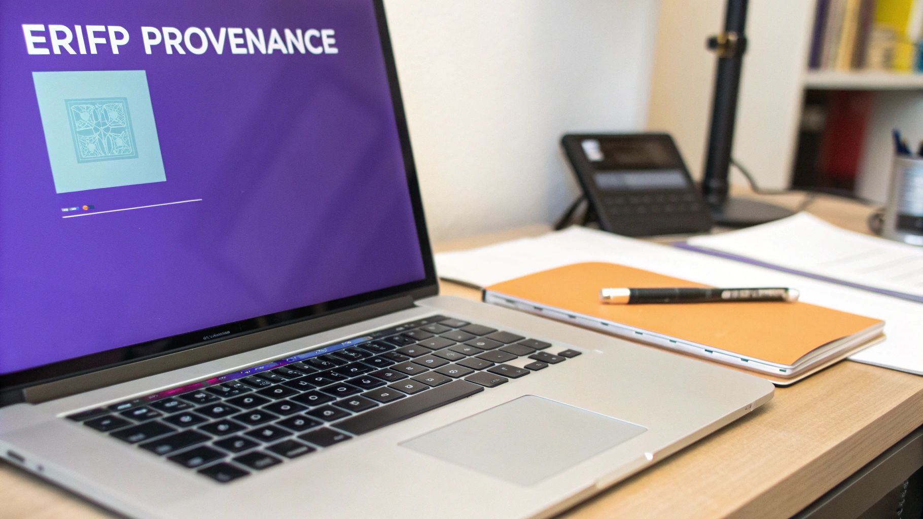 A laptop displaying "ERIFP PROVENANCE" on a purple screen, with an orange notebook and pen on a wooden desk.
