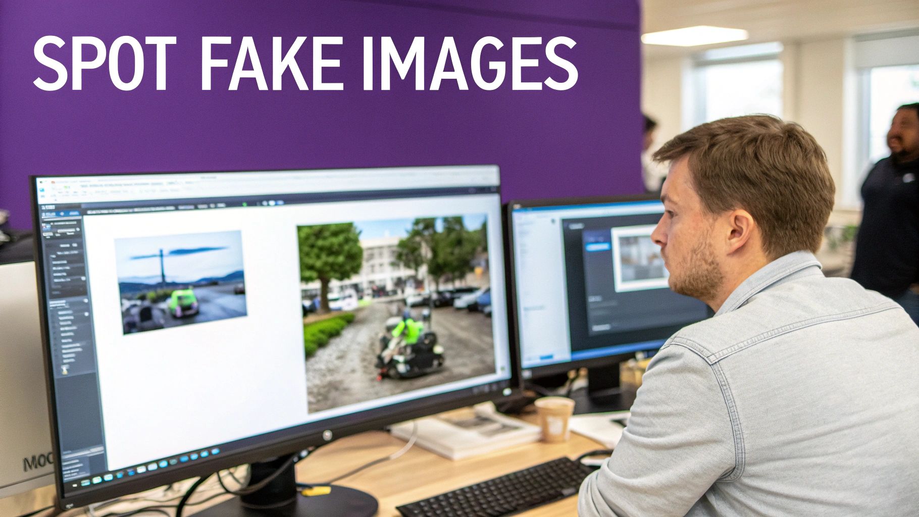 A man in an office analyzing digital images on dual computer monitors to spot fake content.