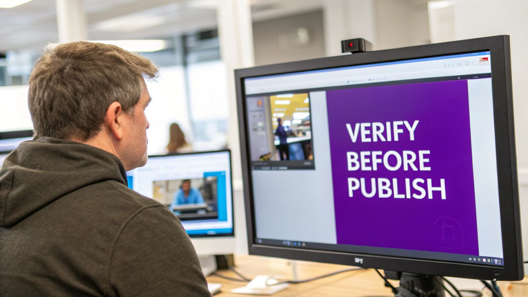 A man in a hoodie looks at a computer screen displaying 'VERIFY BEFORE PUBLISH' text.