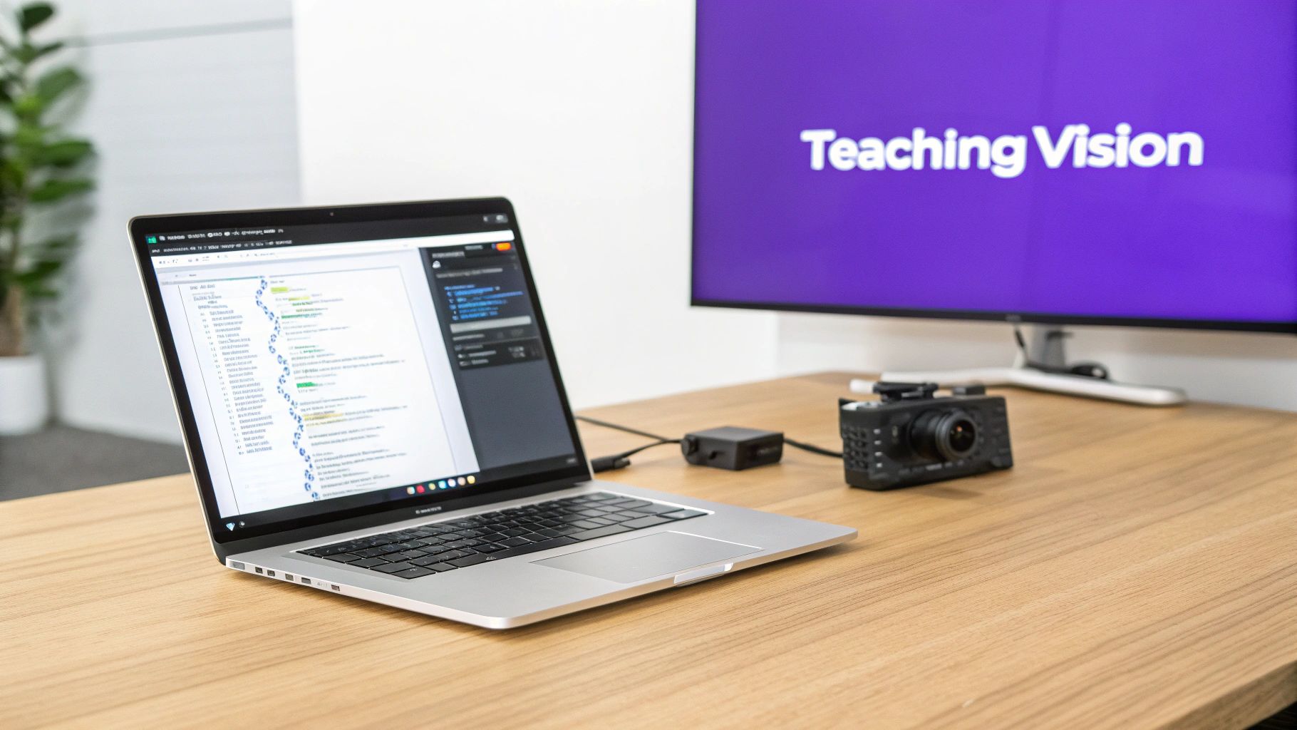 A laptop showing code, a camera, and a monitor displaying 'Teaching Vision' on a wooden desk.