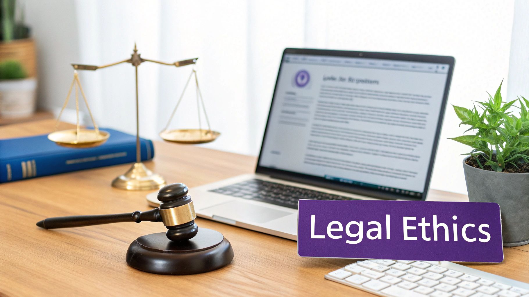 Desk setup with scales of justice, gavel, laptop, and 'Legal Ethics' sign for law education.